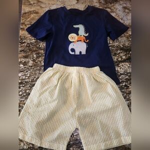 Navy Animal Appliqué Tee with Yellow Striped Shorts